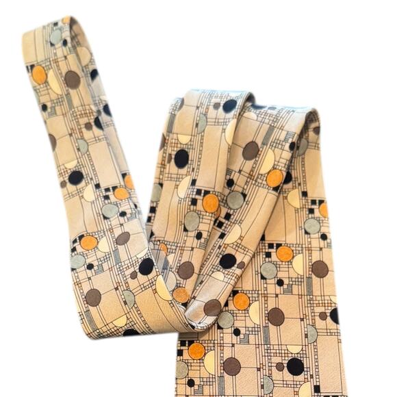 Vtg Frank Lloyd Wright 100% Silk Hand Made Korea Taupe Confetti Neck Tie - Picture 2 of 6
